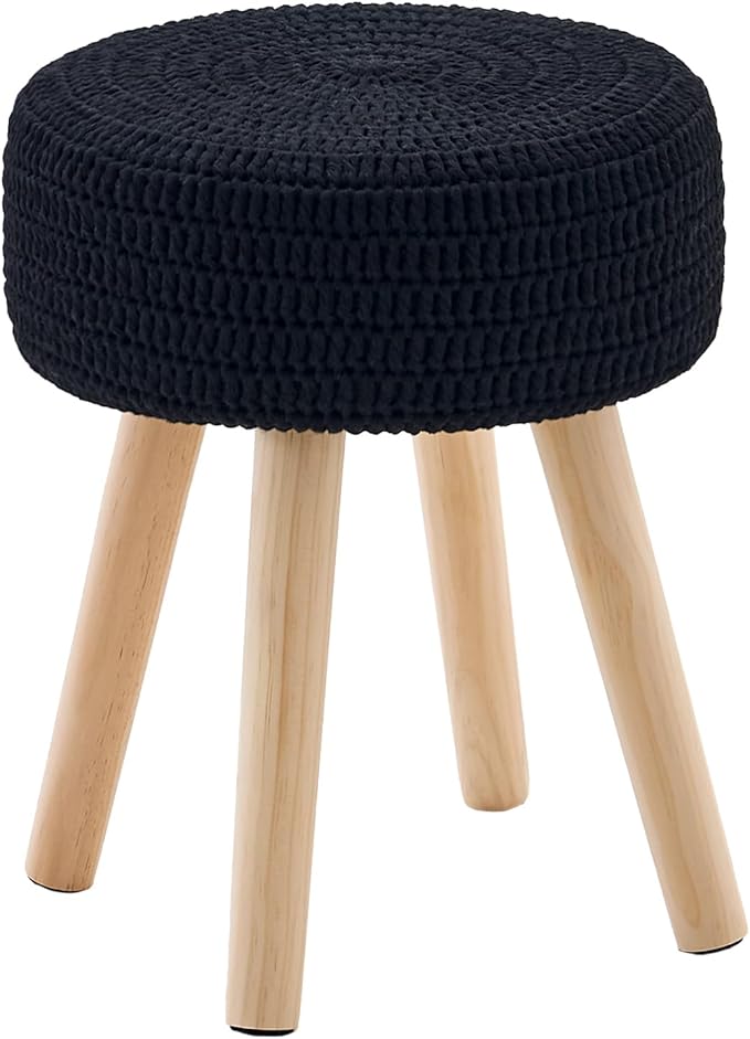Wimarsbon Pouf Ottoman, 100% Cotton Knitted Boho Footstool, Round Footrest with Non-Skid Wood Legs, Home Décor Handmade Pouffe, Leisure Floor Step Stool for Living Room (Long Leg - Black)