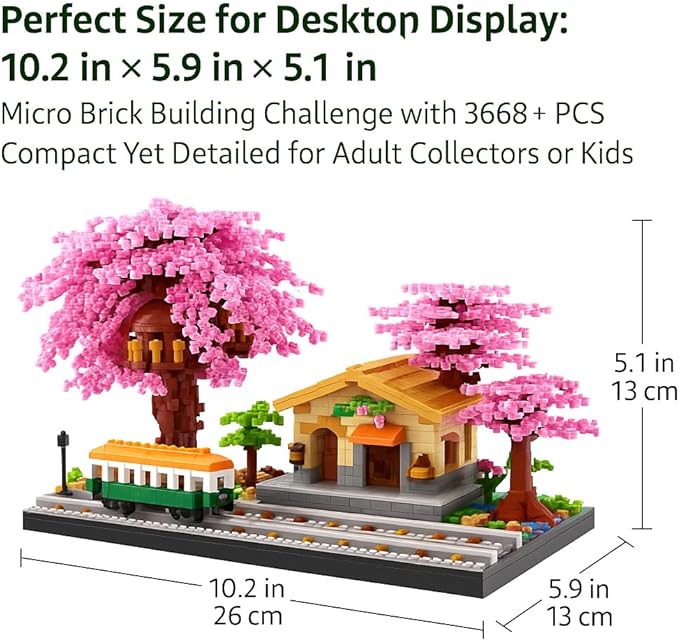 Cherry Train Building Set, Japanese Sakura Train Station Scene with Cherry Blossom Trees, Collectible Architecture Model Kit Mini Bricks Toys 3668 Pieces