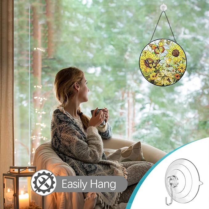 Sunflower Sun Catcher Stained Glass Window Hangings - 8” Handmade Butterfly Stained Glass Suncatches for Windows - Sun Catchers Indoor Wall Art Home Garden Suncatcher - Sunflower Gifts for Women Mom