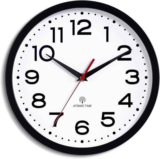 Atomic Wall Clock 10 Inch, Modern Clock Battery Operated Classic Analog Decorative for Kitchen, Living Room, Office, Bedroom, Bathroom (Black)