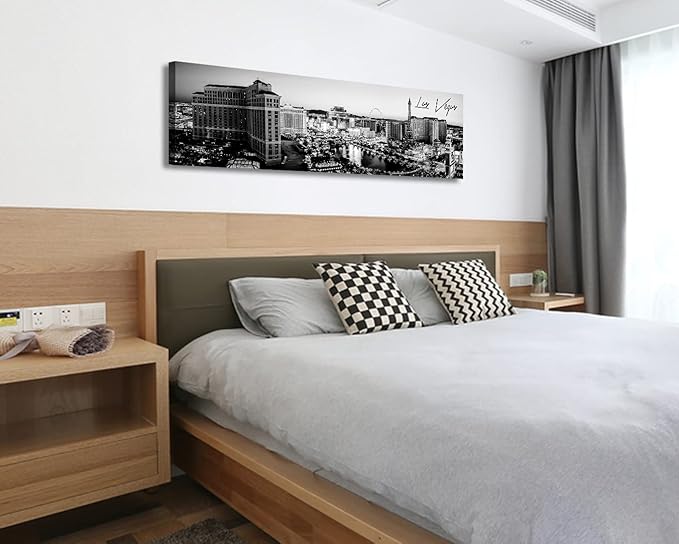 Las Vegas Skyline Wall Art for Living Room American Cityscape Canvas Prints Black and White City Bellagio Fountain Skyscraper Night View Panoramic Pictures Modern Building Poster Framed 13.8"X47.3"