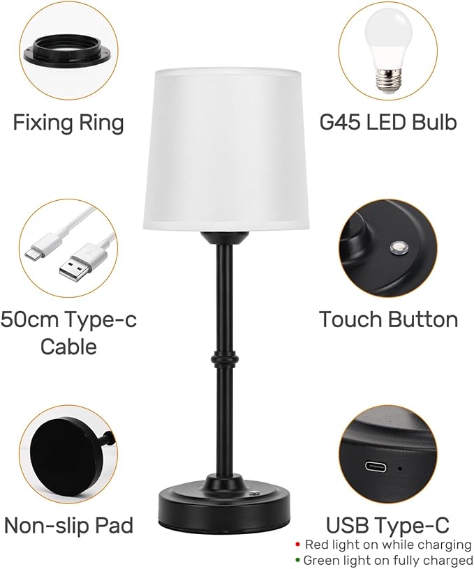 Cordless Led Table lamp,6000mAh Battery Powered Table Light,Wireless Lamps for Living Room Restaurant/Patio/Home Bar/Dining/Dinner/Bedside/Nightstand/Desk lamp-Touch Lamp-Black/Vintage