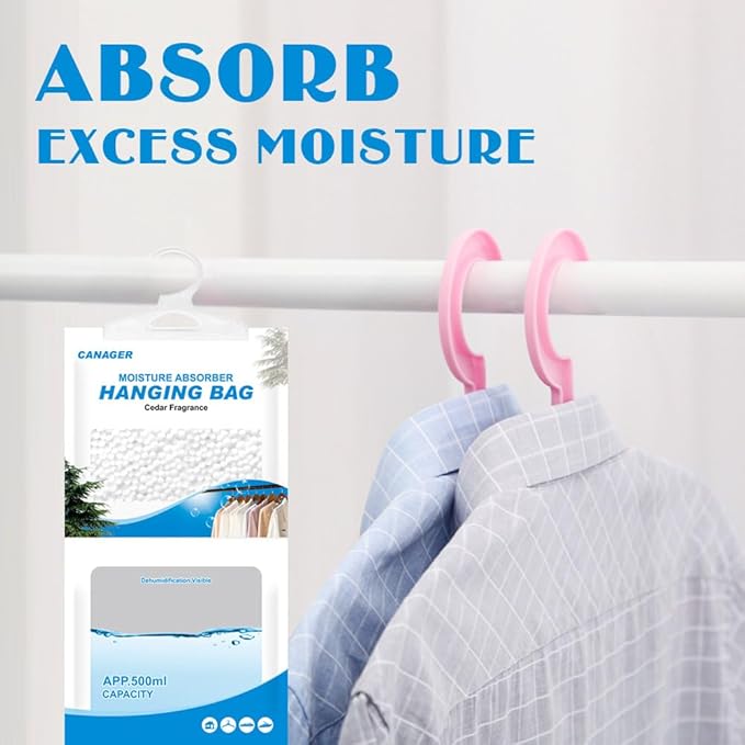 CANAGER Hanging Moisture Absorber,Cedar Fragrance Moistureproof Hanging Bag, Dehumidifier Bag (8 packs) Hanging Closet Dehumidifier Bags, Moisture Absorb 12.5 oz.
