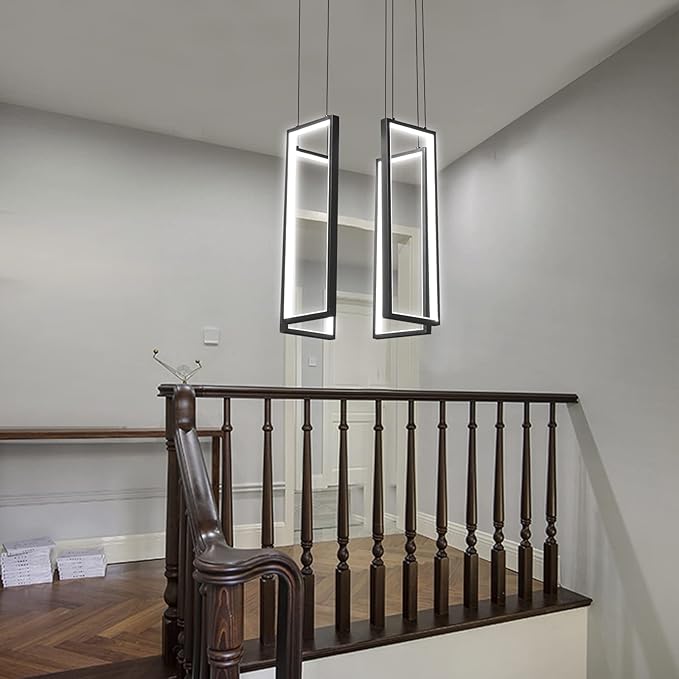 Modern Kitchen Island Dimmable Pendant Light Fixture Black 54W LED Pendant Lights 4 Rings Rectangular Chandelier Staircase Large Chandelier Lobby Living Room Foyer High Ceiling Chandeliers