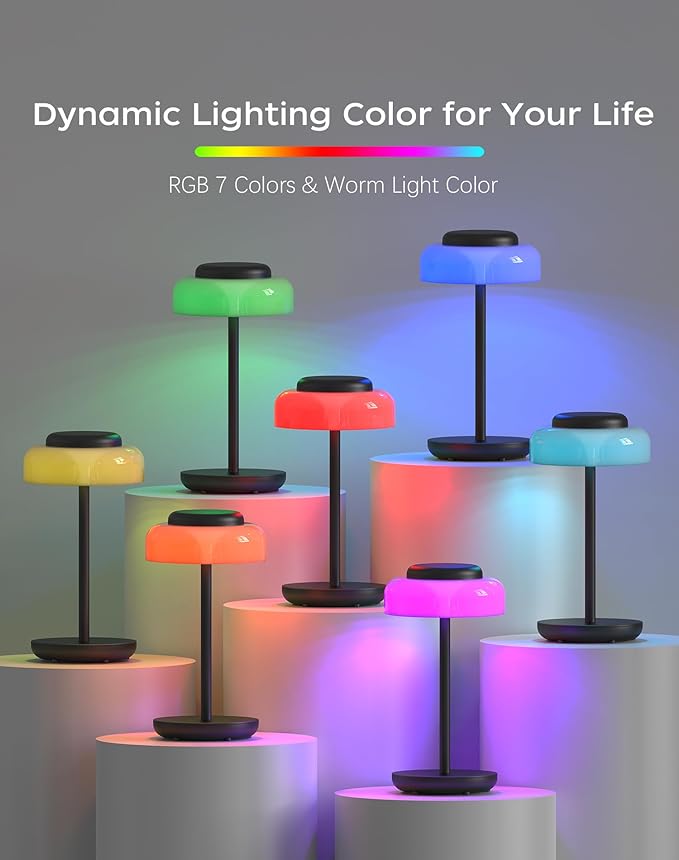 QiMH Battery Operated LED Table Lamp for Living Room, 5000mAh Cordless Desk Lamp with Stepless Dimmable Touch Control, Mini Rechargeable Night Light for Bedroom, Outdoor bar (Black-RGB)