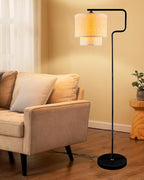 Lightdot 62IN Floor Lamps for Living Room, Modern Standing Tall Lamps with Double Linen Shades, 3000K Arc Bohemian Floor Lamp with Foot Switch for Wedding/Party, Bedroom, Home Office-Black