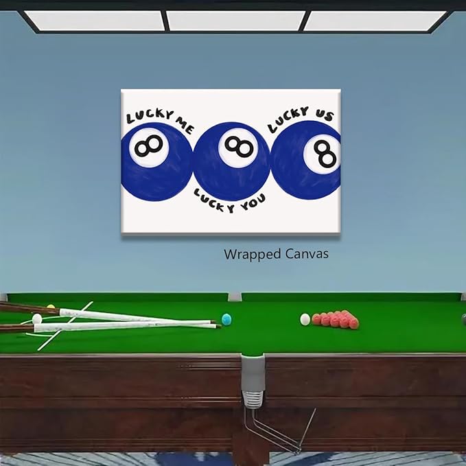 Blue 8 Ball Poster, Lucky Me Lucky You Lucky Us Quote Canvas Wall Art, Playful Billiards Balls Picture Print, Retro 8ball Pool Painting for Bar Cart Game Room Man Caves Wall 16x24in Framed