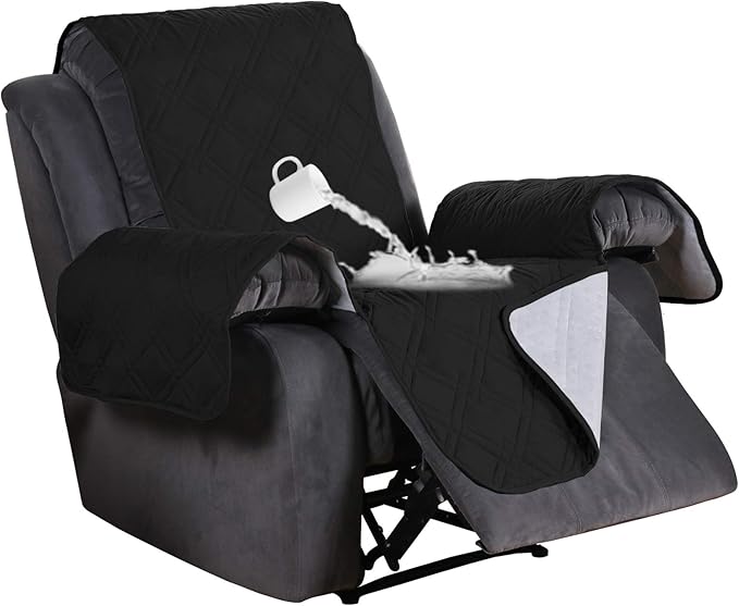 Flamingo P 100% Waterproof Recliner Chair Covers Quilted Reclining Chair Slipcover Furniture Protector Pet Couch Covers with Non Slip Backing, Seat Width Up to 30 Inch, Black