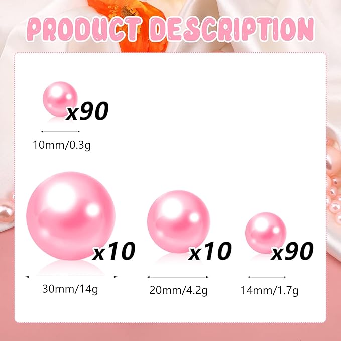 200PCS Pink Faux Pearls Beads for Centerpiece Vases, Vase Filler Faux Pearls, No Holes Filler Beads for Party Anniversary Birthday Wedding Table Decor, 10/14/20/30mm