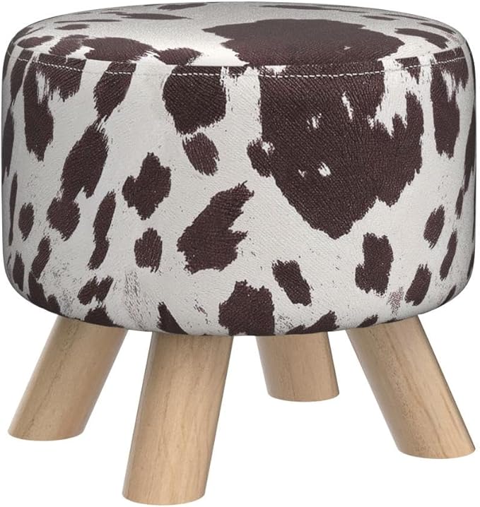 Asense Small Round Ottoman Foot Rest Stool Linen Padded Seat Footstool Ottoman with Anti-Slip Wooden Legs (Cow Brown,Linen)