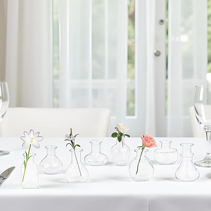 Bud Vases in Bulk Small Glass Clear Vase Set of 8 Different Shape Smooth Surface Vintage Mini Tiny Vases Modern Cute for Flowers Table Wedding Decor Centerpieces Home Party Dining Room