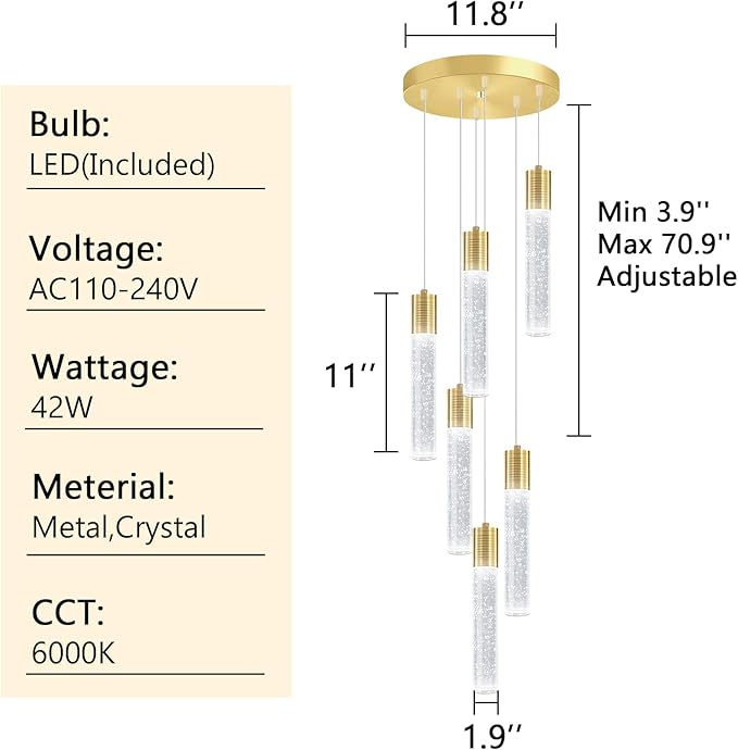 6-Lights Modern Crystal Chandeliers for Dining Room Kitchen Island Crystal Pendants Light Fixture High Ceiling Hanging for Entryway Bedroom Foyer 6000K