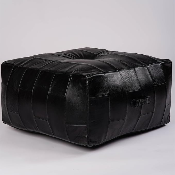 Square (Jumbo) Shaped Buffalo Leather Handmade Eco-Friendly Black Pouf - Square Pouf, 26"x26"x14", Geometric Pouf, Buffalo Leather Pouf, Recycled Cotton Filled Stuffed Pouf, Seating Pouf PF25