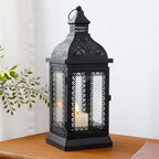 TRIROCKS Rustic Style Metal Candle Lantern 13'' High Decorative Outdoor Lantern Candle Holder with Tempered Glass for Christmas Living Room Garden Patio Parties Indoors Outdoors (Black)