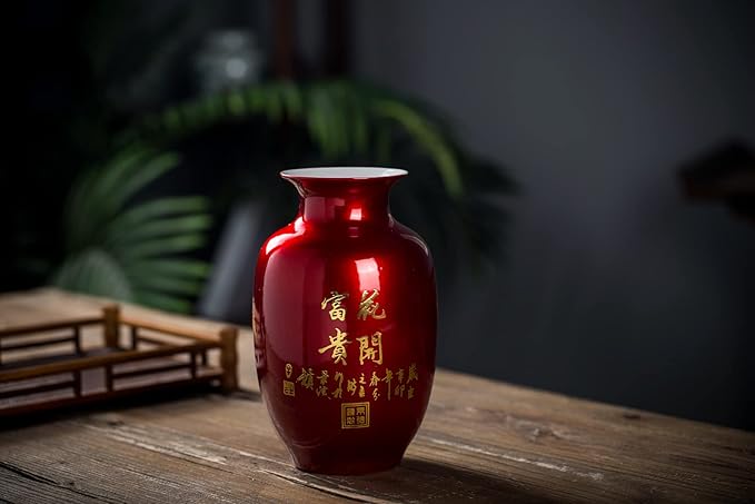 Red Vase Oriental Ceramic Flower Vases Decorated with Peony Design for Home Living Room Ornaments and Wedding Tall 9''