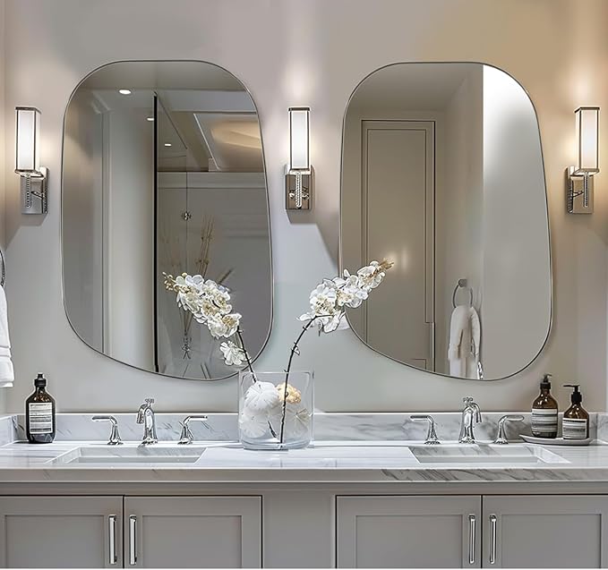 ANDY STAR 22"x30" Chrome Bathroom Mirror, Irregular Wall Mirror in Stainless Steel Metal Frame, Modern Polished Chrome Finish with Curved Edge Design, Wall-Mount Vertically or Horizontally