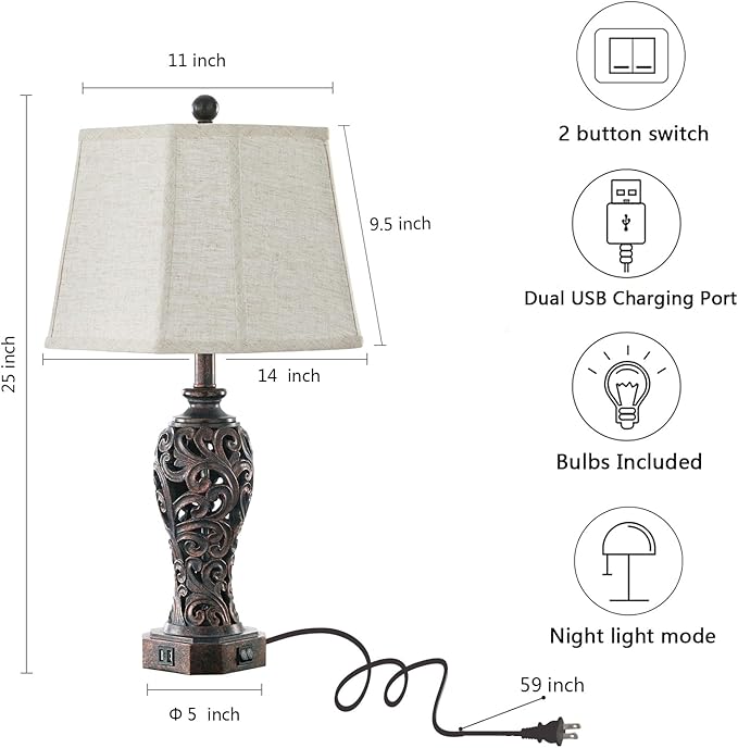 Set of 2 Farmhouse Table Lamps for Living Room, Rustic Vintage Nightstand Lamp with 2 USB Port, Bronze Resin Lamps for Bedroom End Table with Hollow Out Nightlight, 2 Bulbs Included