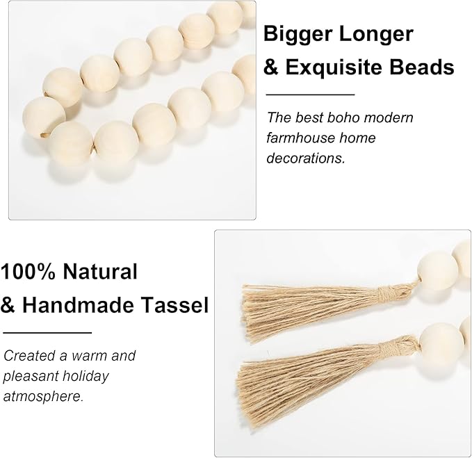 OMISHE 50" Long Extra Large Wood Bead Garland with 1.6" Diameter Wooden Beads and Tassels, Rustic Farmhouse Country Decorative Beads for Home Decor Tiered Tray Decor, Natural Beige