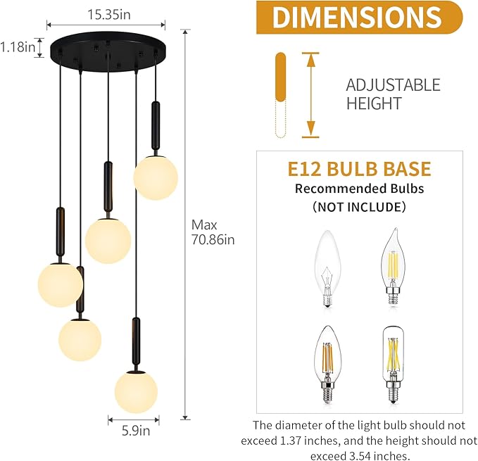 Modern Black Pendant Light Hanging Fixture Light for Kitchen Island Mid Century with Globe Pendant Light Milk White Glass Pendant Lighting for Living Room Bedroom Entryway (5 Lights)