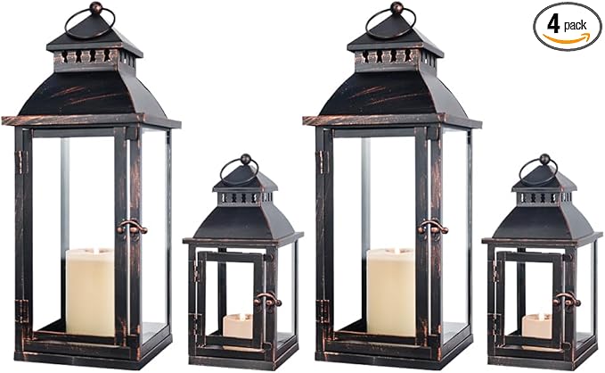 NEEDOMO Bronze Metal Lanterns Decorative Outdoor & Indoor, Set of 4 (17" & 10") with Glass, Candle Holder for Porch, Patio, Garden, Balcony, Wedding, Table Centerpiece Decorations