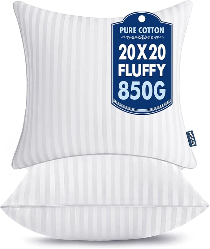 MIULEE 20x20 Pillow Inserts, Firm and Fluffy Decorative Square Throw Pillows for Couch Sofa Bed, Down Alternative with 100% Cotton Cover Pack of 2