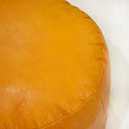 PF12: Round Shaped Goat Leather Handmade Eco-Friendly Mustard Pouf - 18" x 18" x 18", Plain Solid, Recycled Foam with Fibre Fill Stuffed Seating Pouf