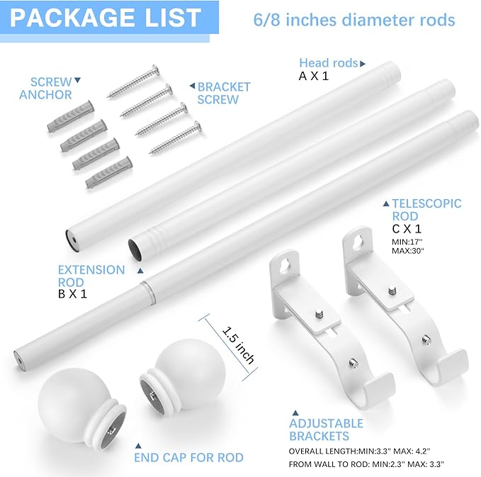 Curtain Rods for Windows 16 to 48 Inches, Curtain Rod Max Adjustable Length of 60 IN, 6/8" Diameter Drapery Rods Round Finials, White, Pack of 1