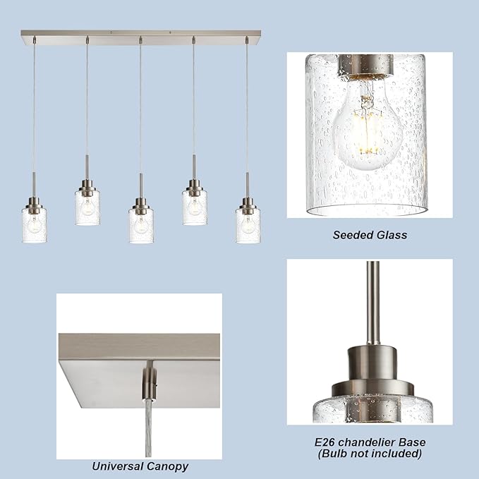 Lighting Contemporary Brushed Nickel Linear Chandelier Pendant Light 5 Lights Clear Seeded Glass Farmhouse Pendant Lighting Modern Dining Room Light Fixture for Living Room Kitchen Island