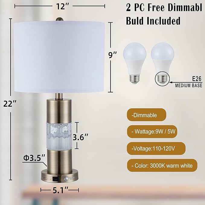 Serteaw Set of 2 Gold Bedroom Lamp for Nightstands, Touch Table Lamps, USB Charging Ports, with Stepless Dimming Mode for Living Room, Modern Snow and Clouds Crystal Bedside Lamps