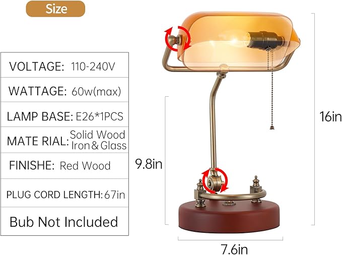 Bankers Lamp, Traditional Orange Desk Lamp with Solid Birch Wood Base, Orange Glass Antique Library Lamp with Pull Chain Switch, Plug in Vintage Bankers Desk Lamp for Office, Study Room 【E26 Socket】