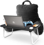 Nestl Reading Pillow with Portable Lap Desk Stand for Laptop 19x11”, Cut Plush Striped Back Pillow, Back Support Pillow, Shredded Memory Foam Bed Rest Pillow with Arms for Kids & Teens, Small - Gray