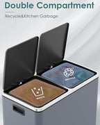 Arlopu 16 GallonStainless Steel Trash Can, 60L Dual Compartment, Metal Kitchen Step Recycle Bin, Metal Double Dustbin, in-Home Garbage Rubbish Can W/Removable Liner Buckets (Grey)