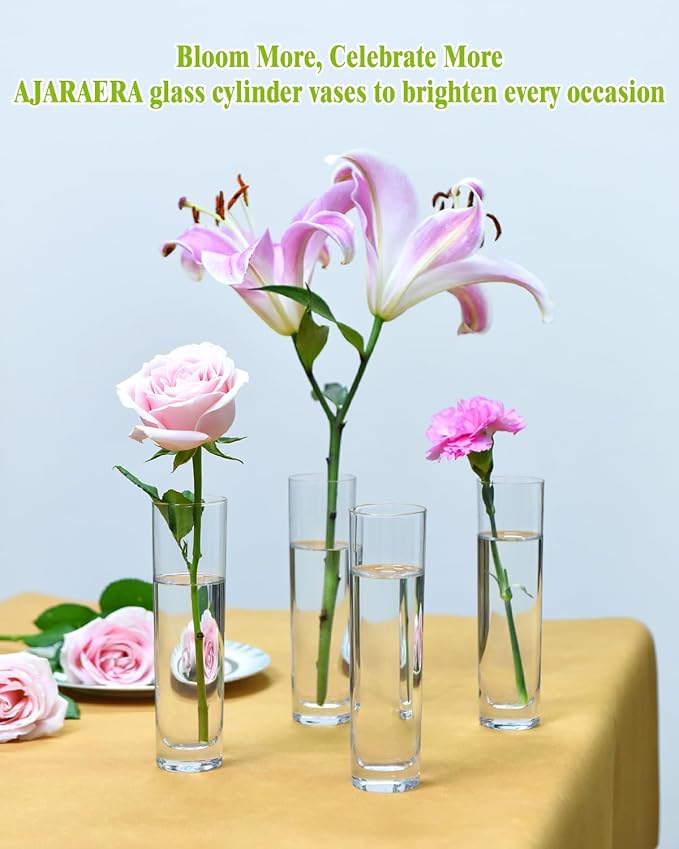 Glass Cylinder Vases for Centerpieces – Set of 16 Handmade Clear Flower Vase 7.48" Tall,Wedding Table Decor for Single Rose Bud Vases,Small Vases Home Decor,Floreros,1 Brush