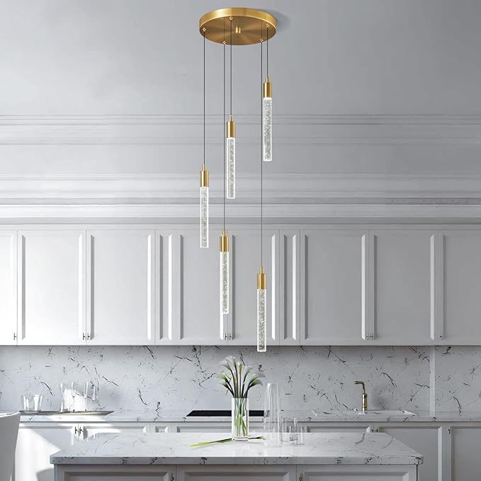 Modern Light Fixture Kitchen Island Pendant Light Dimmable LED Gold Pendant Lights Mini Crystal Pendant Lighting for Bedroom Dining Room Living Room（5-Light ）