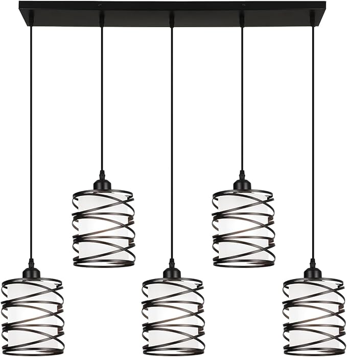 Black Pendant Lights Kitchen Island, Farmhouse Chandeliers for Dining Room 5-Light Pendant Light Hanging Linear Chandeliers, Kitchen Island Lighting with Frosted Glass Shades