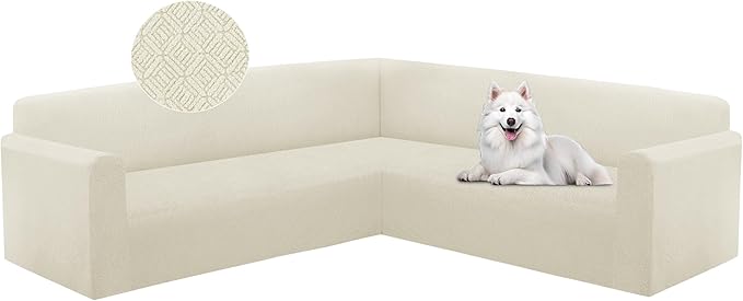 HDCAXKJ Sectional Couch Cover L Shape Stretch Sofa Covers Washable Jacquard Corner Couch Slipcover Non Slip Sectional Slip Cover U Shaped Furniture Protector for Pets Dogs (Ivory White, Small)