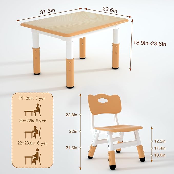 Kids Study Table and 2 Chairs Set,Height Adjustable Table and Chairs for Children and Toddlers,31.5"X23.6"Graffiti Desktop,Suitable for Daycare,Classrooms, Home