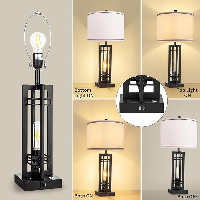 27" Touch Control Farmhouse Table Lamps, Set of 2 Tall Rustic Table Lamps 2-Light Design with USB A+C Ports, Bedside Lamps with White Shade for Living Room Home Office, 4 LED Bulbs Included