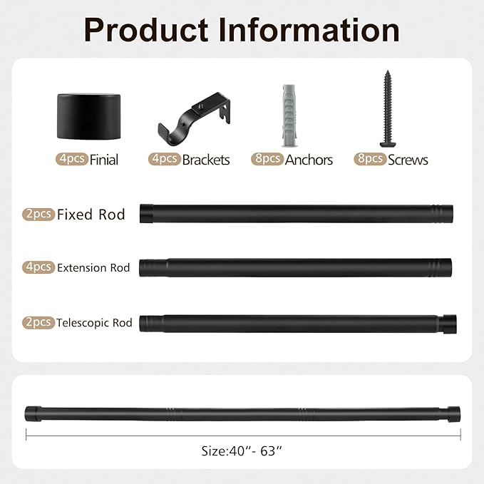 2pcs Black Curtain Rod 40-63 Inch Bundle Adjustable Iron Construction Curtain Hardware Bedroom Wall Drill Installation Kit Included Matte Finish Contemporary Style