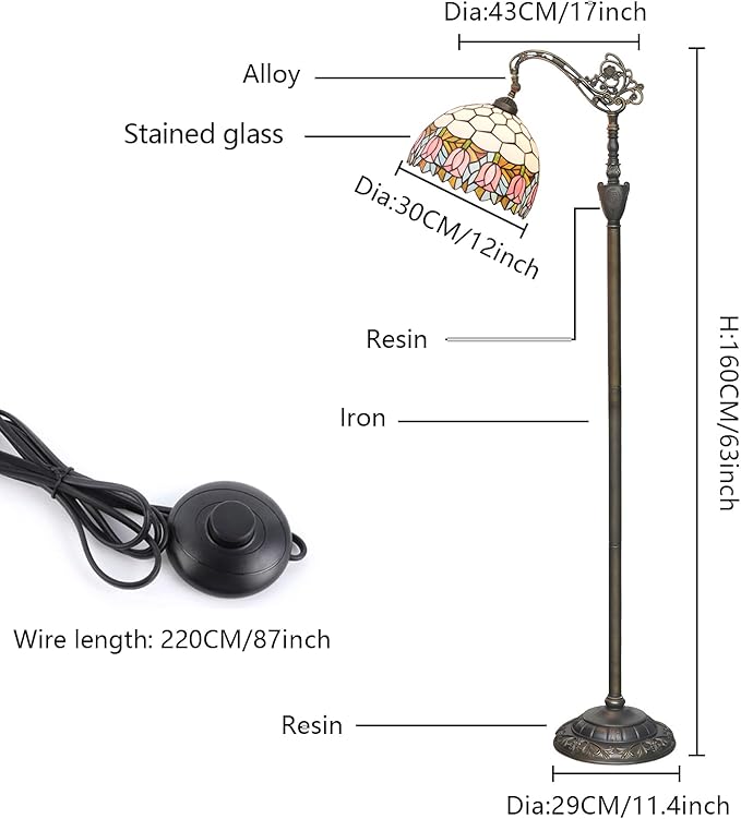 Tiffany Floor Lamp Pink Tulip Stained Glass Gooseneck Floor Light 63 inches Handcrafted Tiffany Style Standing Lamp with Angle Adjustable Lampshade for Reading Working Home Decoration