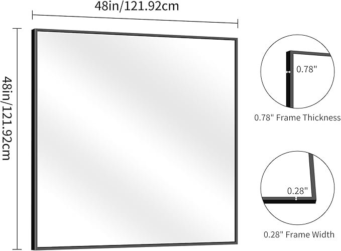 YIROMAN Bathroom Mirror for Wall 48"x48", Large Matte Black Bathroom Mirror with Metal Frame, Square Vanity Mirror with Right Angles, Wall Mirror Hangs Horizontal or Vertical, Shatterproof