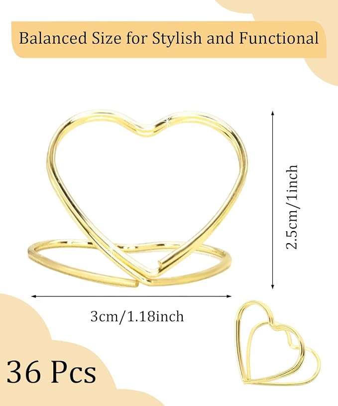 36 Pcs Heart Table Number Holders - Rust-Resistant Metal Place Card Stands for Weddings, Office & Home Decor (Gold)