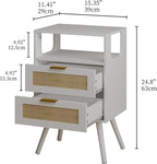 Rattan Nightstand,Farmhouse Bedside Table with 2 Storage Drawer and Open Wood Shelf, for Bedroom and Small Spaces,Night Stand with Solid Wood Legs (White)