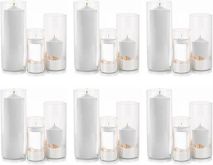Glass Hurricane Candle Holder Esmiome - Cylinder Vases for Centerpieces 6 Sets (18Pcs) Hurricane Floating Candle Holder, Glass Vases for Flowers, Decorative for Home Wedding, 6'' + 8'' +10''(High)