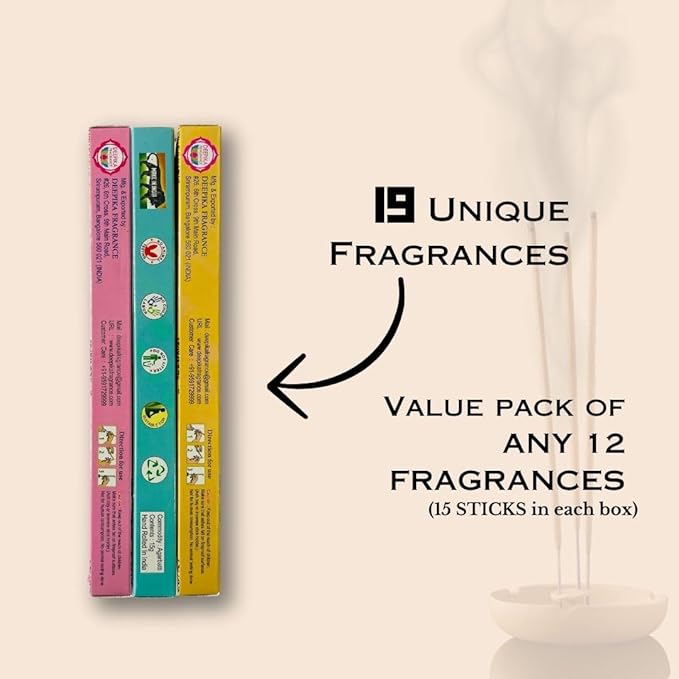 Deepika 12 Pack Assorted Pack 15 Gram x 12 Packs (180 Sticks) for Meditation, Aromatherapy, Healing and Yoga