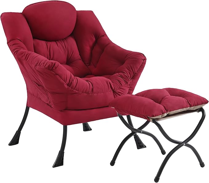 Lazy Chair and Ottoman, Large Accent Lounge Chair with Armrests and a Side Pocket, Modern Leisure Upholstered Sofa Reading Armchair with Footrest for Bedroom, Living Room, Dorm Rooms, Office