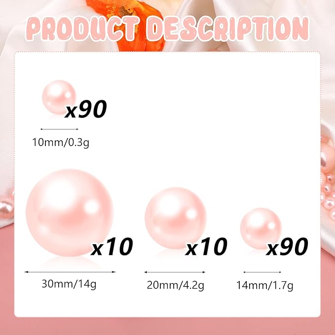 200PCS Light Pink Faux Pearls Beads for Centerpiece Vases, Vase Filler Faux Pearls, No Holes Filler Beads for Party Anniversary Birthday Wedding Table Decor, 10/14/20/30mm