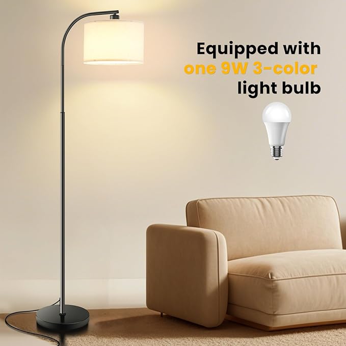 Floor Lamp for Living Room,Tall Standing Lamps Dimmable,Modern Floor Light with LED Bulb,3 Color Temperatures,Fabric Shades,Black Floor Lamps for Bedroom Dining Room Office Corner