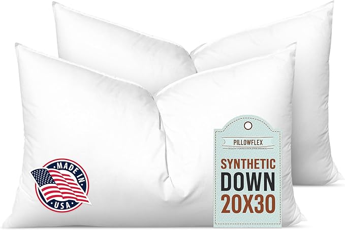 Pillowflex Synthetic Down Alternative Pillow Inserts for Shams - Comfy Pillows for Sleeping, Perfect Pillow & Best Sleeping Pillows, Handmade Down Alternative Throw Pillow Inserts - (20x30 Set of 2)