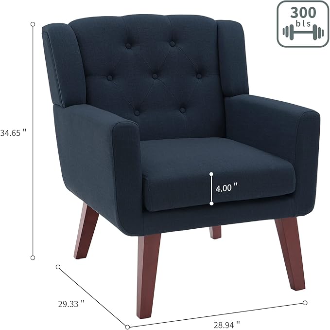 Accent Chair Button-Tufted Upholstered Living Room Chairs Comfy Reading Chair Mid Century Modern Chair with Linen Fabric Lounge Arm Chairs for Living Room Bedroom (Navy Blue)